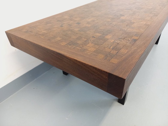 Image 1 of Vintage rectangular coffee table by Dieter Wackerlin in wenge wood mosaic and black metal legs from the 60s/70s