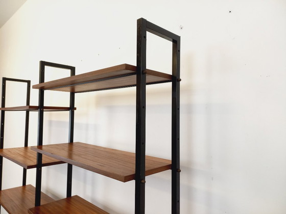 Image 1 of Vintage Italian double modular bookcase in teak and metal from the 1960s