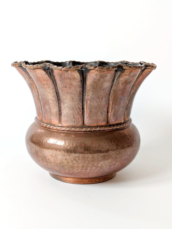 Image 1 of Midcentury Italian Planter | Hand-Hammered Copper with Scalloped Rim and Cord Detail