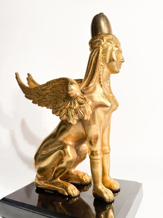 Gilt Bronze Sphinx Sculpture Resting on Marble Base, 20th Century (photo 8 of 14)
