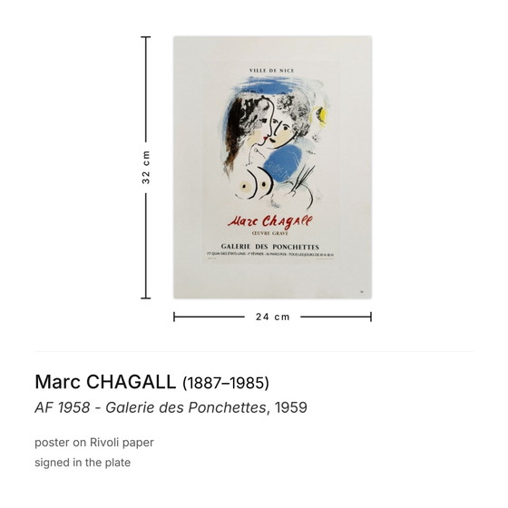 Image 1 of Marc CHAGALL AF 1958 - Cartel de la Galerie des Ponchettes 1959