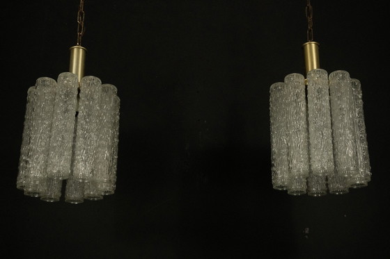 Image 1 of Pair of Murano Glass and Brass Chandeliers in the Style of Toni Zuccheri, Italy 1970s