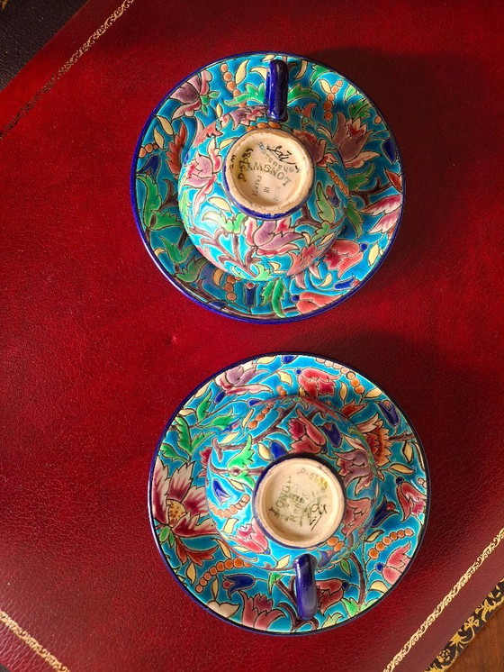 Image 1 of Tête à tête, set of 2 coffee cups and saucers in Longwy enamels