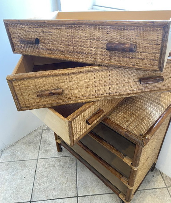 Commode 3 Tiroirs en Rotin Bambou Cannage Vintage Années 70 – Rattan, Wicker (photo 7 of 14)