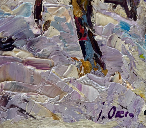 Image 1 of Original Oil Painting Winter Village Landscape Crows in the trees