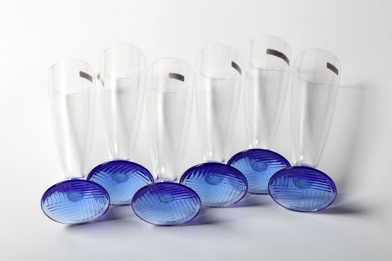 Set van 6 Vintage Glazen met Blauwe Voet / Zeldzame Hoge Tumblers / Zwiesel Glas / Duitsland / Jaren 90 (photo 11 of 11)