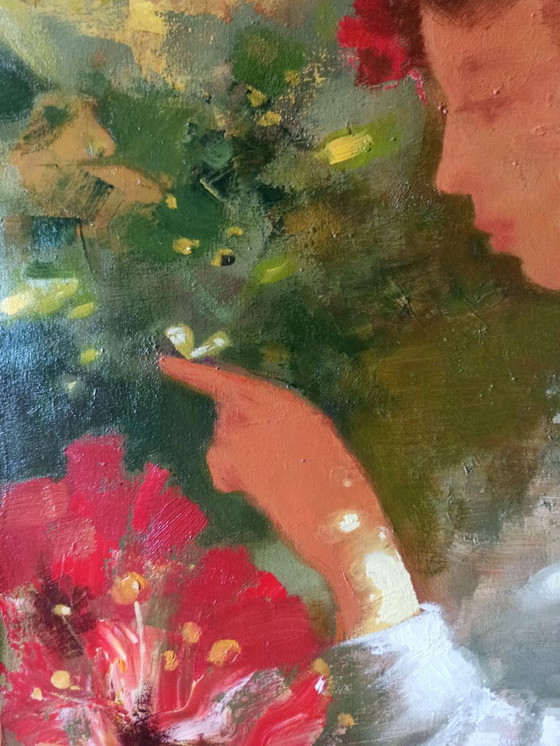 Original Oil Painting Abstract Figurative Girl Flowers Butterfly – Paintings & Drawings, Canvas (photo 5 of 12)