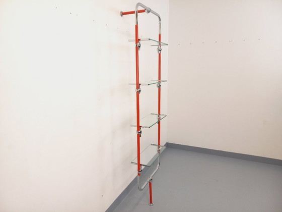 Image 1 of Modular Bauhaus-style vintage bookcase in red metal, chrome and glass from the 1970s