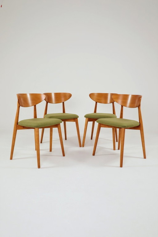 Eetkamerstoelen set van 4 natuurlijk hout, bekleding van groene wol