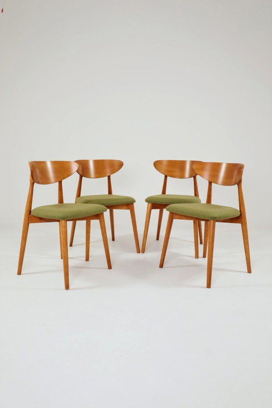 Image 1 of Eetkamerstoelen set van 4 natuurlijk hout, bekleding van groene wol
