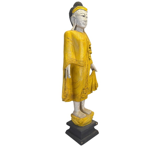 Buddha in Piedi Stile Mandalay con Finitura Craquelé (87,5 cm) del 1969 – Sculture, Wood, Mid Century Modern (photo 2 of 11)