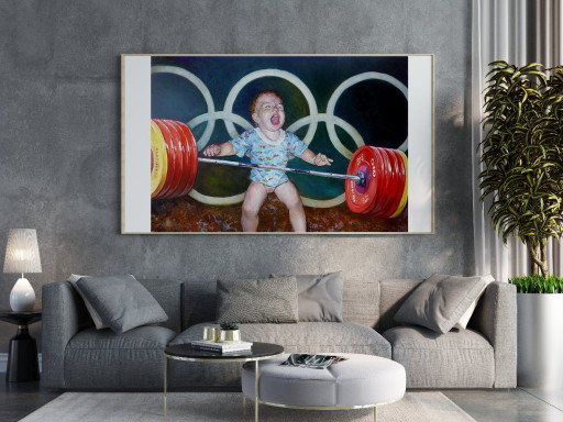 Original Oil Painting Modern Art Symbolism Humor Baby Champion – schilderijen tekeningen, Canvas (photo 2 of 5)