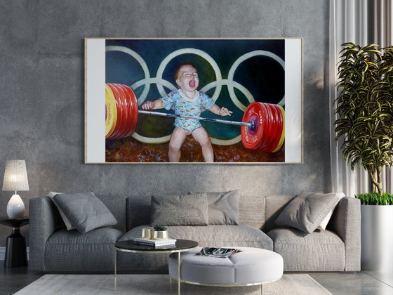 Original Oil Painting Modern Art Symbolism Humor Baby Champion – Paintings & Drawings, Canvas (photo 2 of 5)
