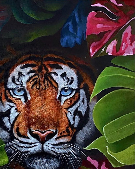 Original Oil Painting Portrait Animal Tiger in the Bushes – Paintings & Drawings, Canvas (photo 3 of 8)