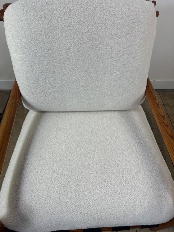 Image 1 of Poltroncina vintage in pino massiccio, anni '70, tessuto Bouclé color ecrù
