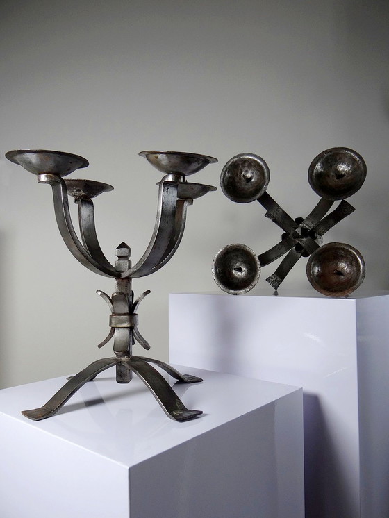 Image 1 of Pair of Massive Brutalist Wrought Iron 4-Light Vintage Candlesticks