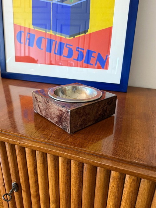 Mid-century modern brown goatskin parchment ashtray, Aldo Tura, Italy 1960s