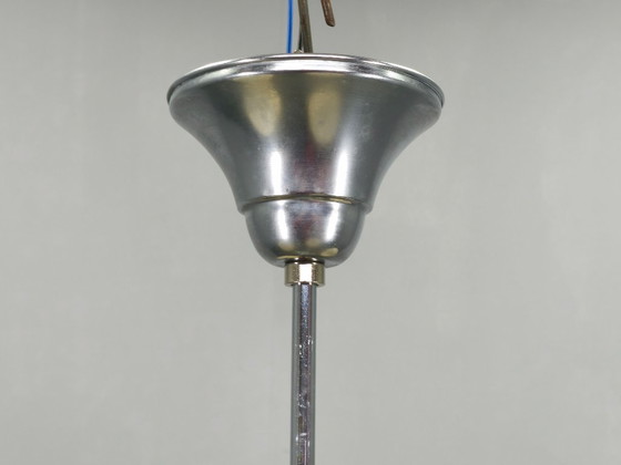 Image 1 of Art Deco kroonluchter van chroom, hout en glas, Tsjechoslowakije