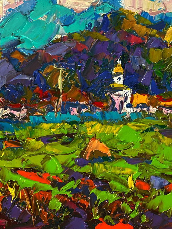 Image 1 of Peinture à l'huile originale représentant un paysage rural. Un village se dessine au loin.