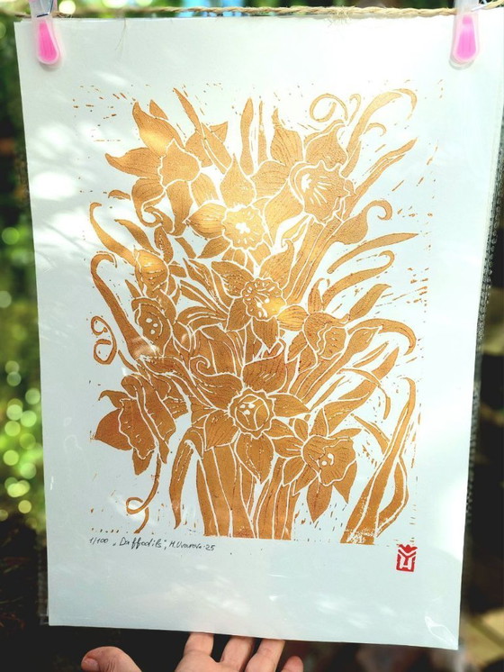 Image 1 of Daffodils – A3 Handmade Linocut Print