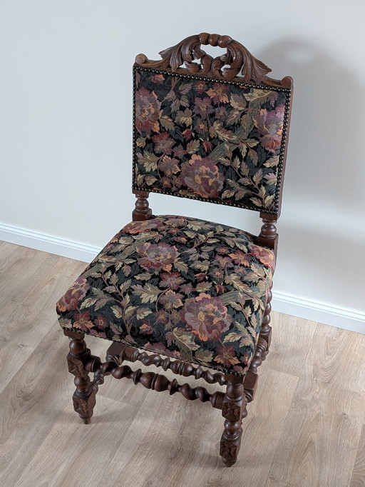 Sedia neorinascimentale belga in stile antico, ca. 1960 – Rovere intagliato e tessuto floreale