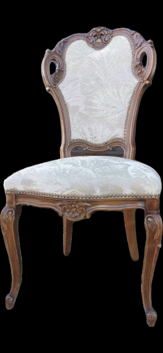 4 italienische Barock Esszimmerstühle, Stoff, Holz, Beige (Foto 4 von 5)
