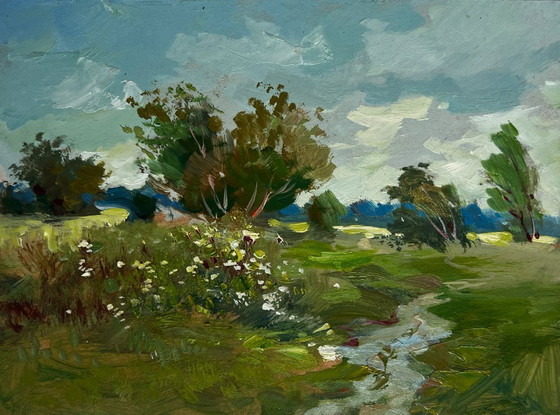 Image 1 of Origineel olieverfschilderij: Zomerlandschap met een winderige zomerdag