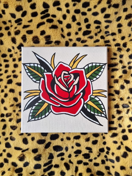 Contemporary art Hand-painted painting 20x20 traditional tattoo style rose