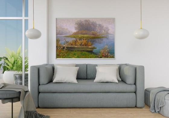 Original Ölgemälde Naturlandschaft Boot Fluss Morgennebel – Gemälde & Zeichnungen, Canvas (photo 2 of 8)