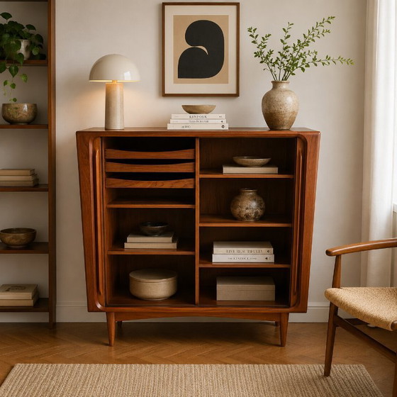 Image 1 of Bernhard Pedersen & Søn Tambour kast in teakhout, Denemarken – Origineel BPS-M label & volledig afgewerkte achterkant