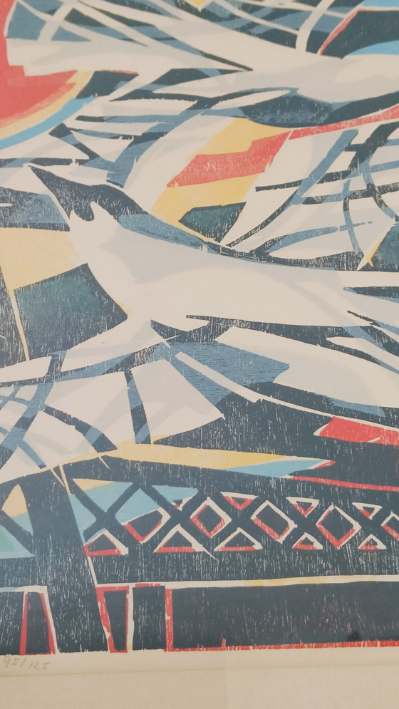 Image 1 of La société Kleurrijk Industriële Vormgeving Houtdruk Gesigneerd 1961 'Meeuwen' (en anglais)