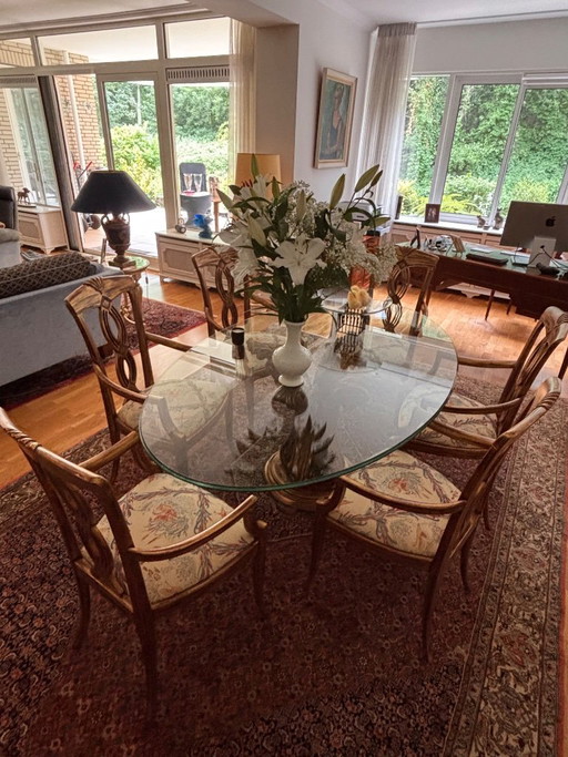 Exclusieve Ovale Glazen Design Eettafel met 6 Armstoelen