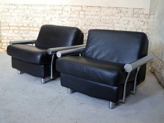 pair of armchairs, black leather & stainless steel, 1990 – Vintage (photo 7 of 14)