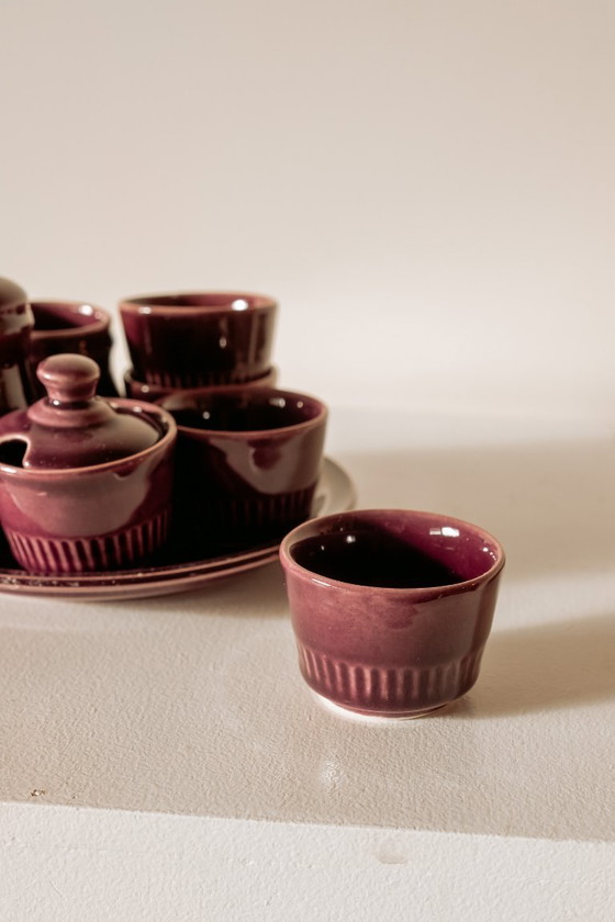 Image 1 of Purple ceramic breakfast set with egg cups and salt and pepper shakers, 1970s