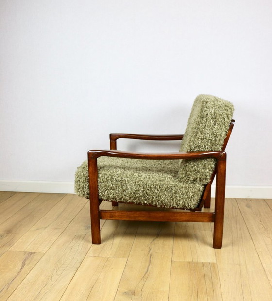 Image 1 of Fauteuil vintage en bois marron, cheveux longs vert olive, design de Z. Bączyk - 2 exemplaires disponibles