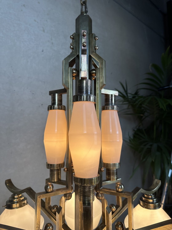 Image 1 of Art Deco chandelier - opaline and brass
