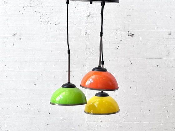 Image 1 of Space-age pendant lamp with three colored metal shades, 1970s