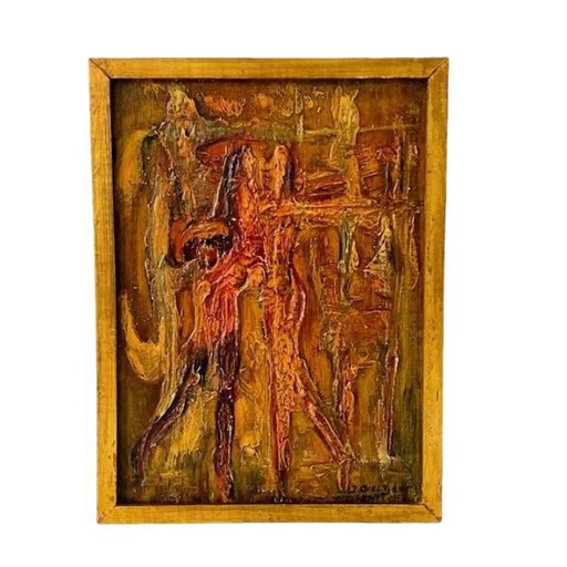 Abstract oil on wood impasto painting J. Dieltjens 1960s