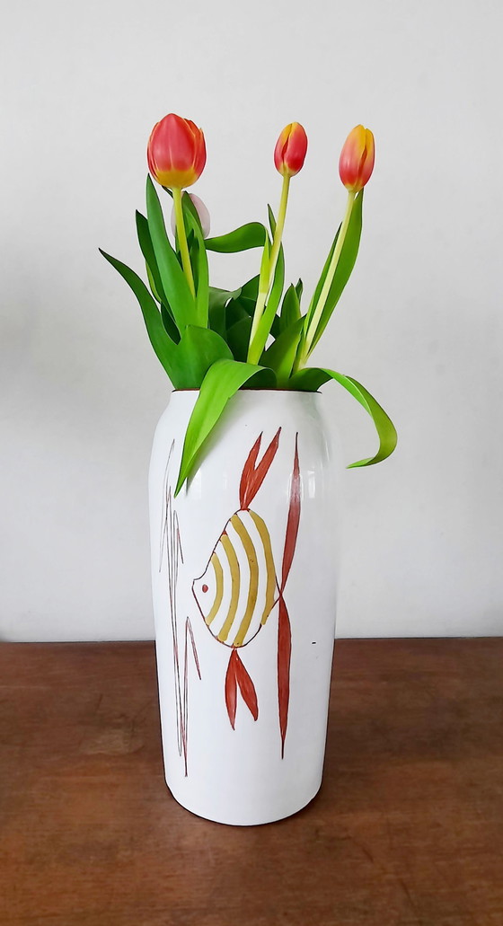 Image 1 of Vintage Gubbels Vaas Met Abstract Visdecor, Jaren '50