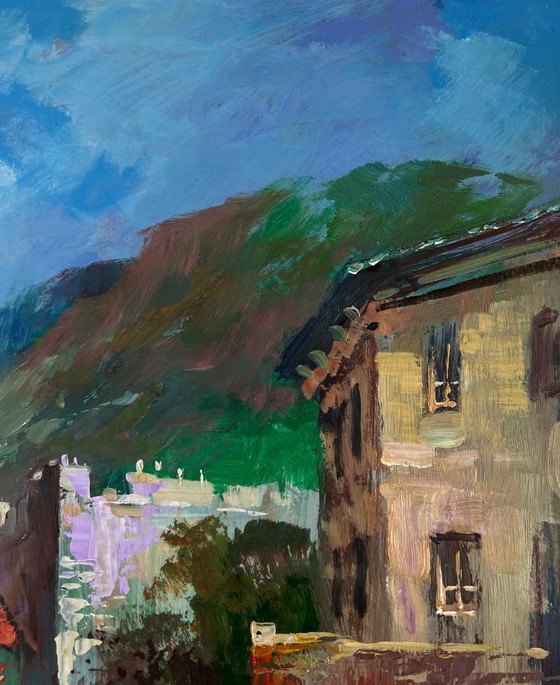 Image 1 of Original Oil Painting Summer City Landscape Coast with quiet houses