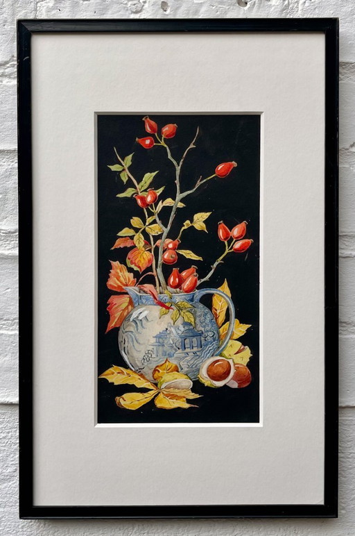 Herbststillleben, Aquarell mit schwarzem Rahmen