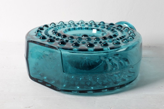 Image 1 of Large Vintage Teal Sunburst Blue Bubble Glass Vase / Erich Jachmann for WMF / 1960s
