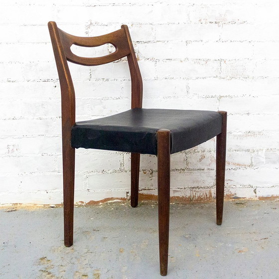 Image 1 of Teakhouten en zwart lederen stoelen, jaren 1950, set van 6