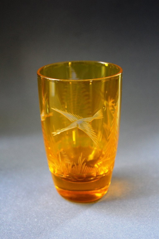 3 vecchi bicchierini da acqua colorati antichi con motivi forestali tagliati/incisi