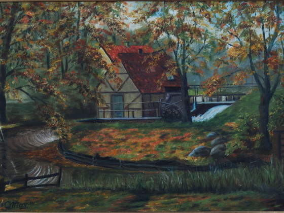 Image 1 of Peinture "The Forest Mill", design scandinave, années 1970, par C. May