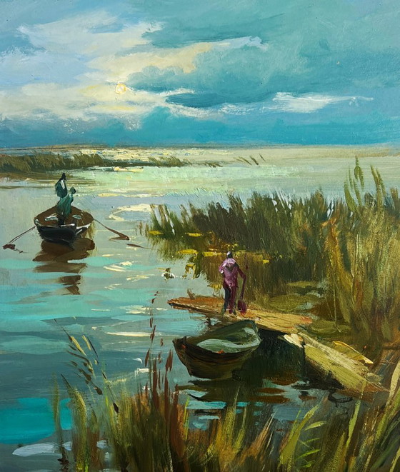 Image 1 of Peinture à l'huile originale représentant un paysage côtier au coucher du soleil