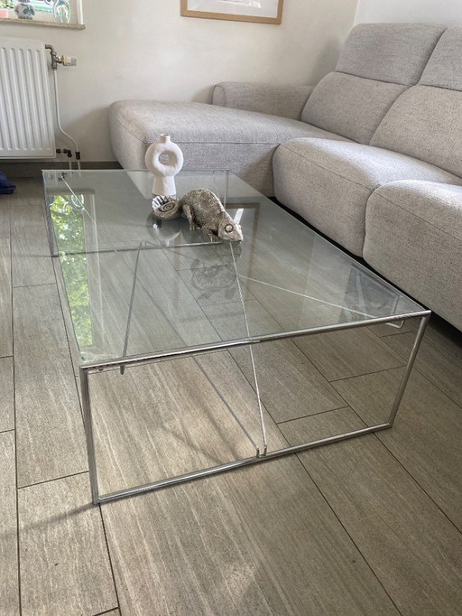Table basse vintage en verre avec base chromée