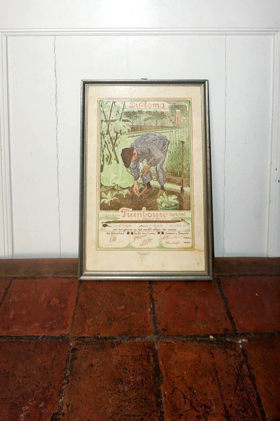 Image 1 of framed diploma tuinbouw cursus 1946 * dutch certificate wall art * garden training diploma * vintage print * farmhouse decor