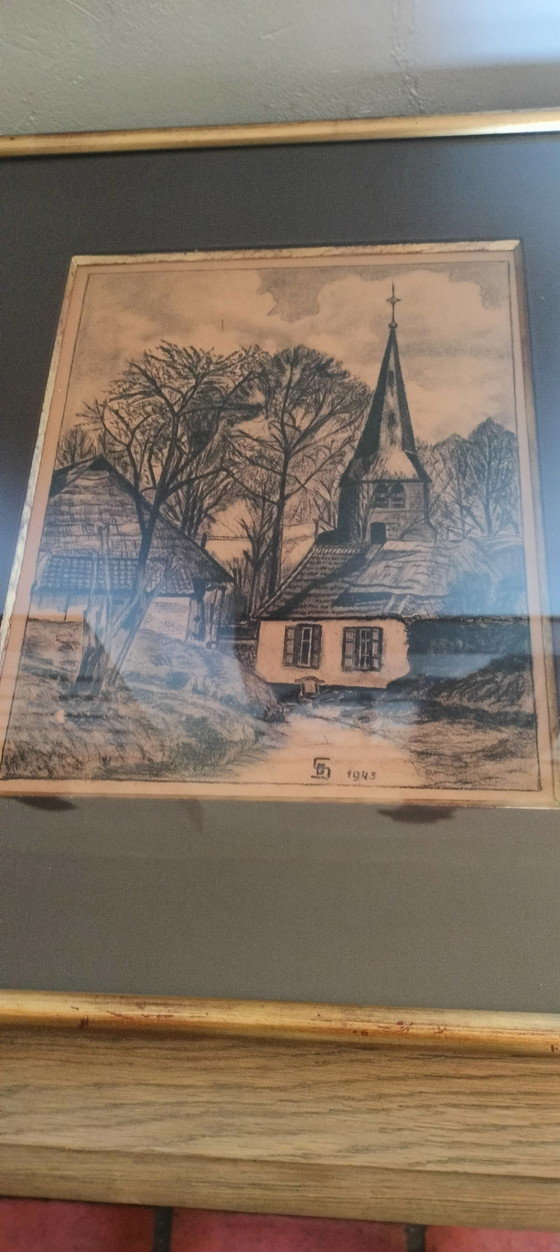 Image 1 of Charcoal drawing of a small church/chapel in Sint Anna Pede made by S. G. in 1943 and sold in 1980.
