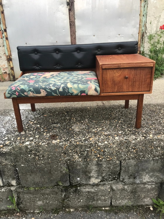 Restored Vintage Teak Telephone Bench Unit with Vinyl Seat, 1960s – Benches, Leather, Brass (photo 2 of 7)